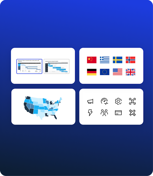 Asset library in the PowerPoint add-in with layouts, maps, and flags